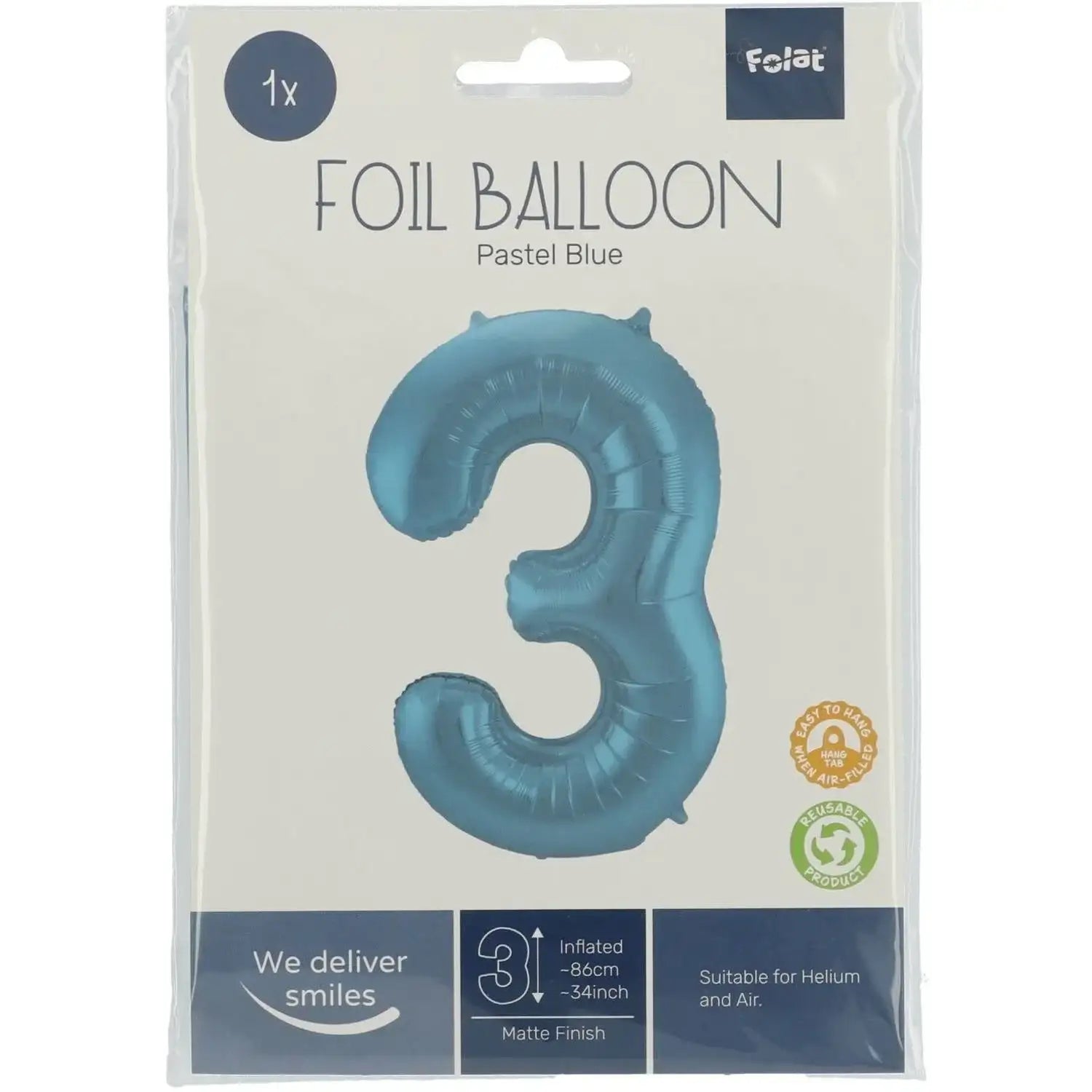 Cijfer Ballon 3 - Pastel Blauw - 86 cm - Ballonnenshop.nl