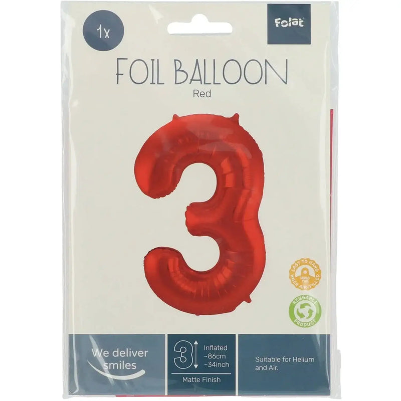 Cijfer Ballon 3 - Rood - 86 cm - Ballonnenshop.nl