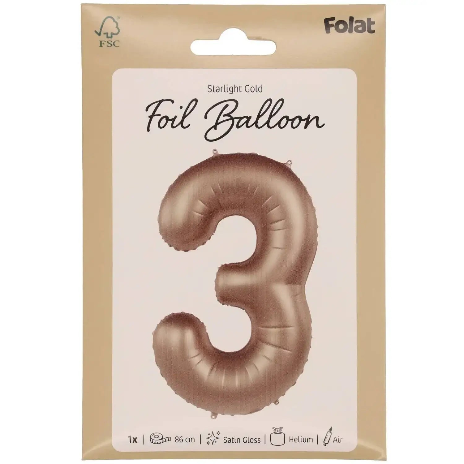 Cijfer Ballon 3 - Starlight Goud - 86 cm - Ballonnenshop.nl