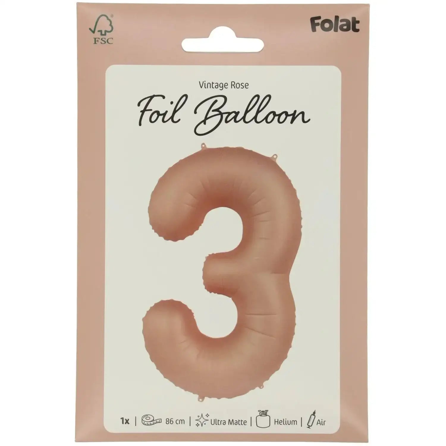 Cijfer Ballon 3 - Vintage Rose - 86 cm - Ballonnenshop.nl