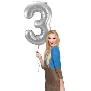 Cijfer Ballon 3 - Zilver - 86 cm - Ballonnenshop.nl