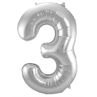 Cijfer Ballon 3 Zilver - 86 cm - Ballonnenshop.nl