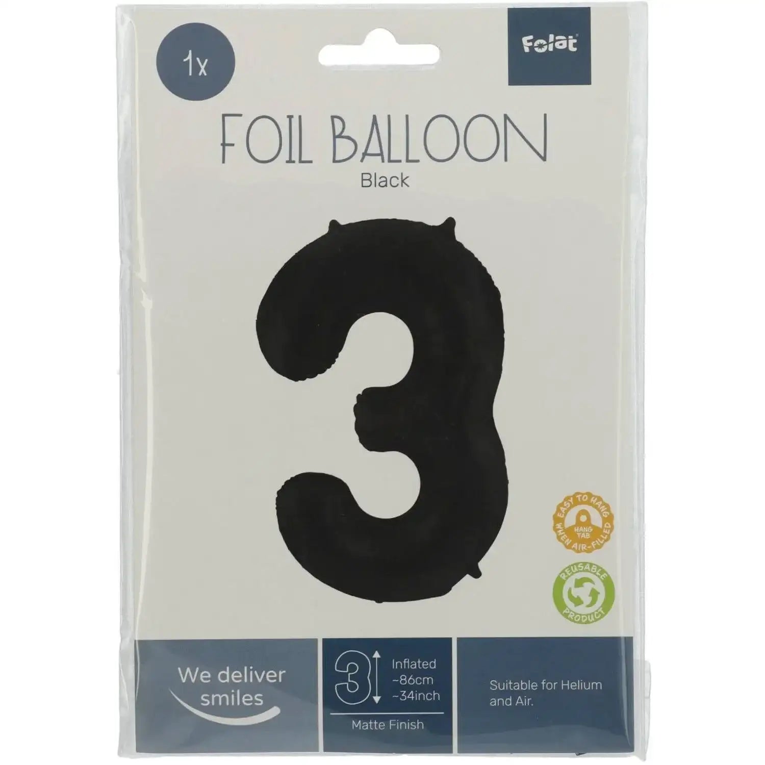 Cijfer Ballon 3 - Zwart - 86 cm - Ballonnenshop.nl