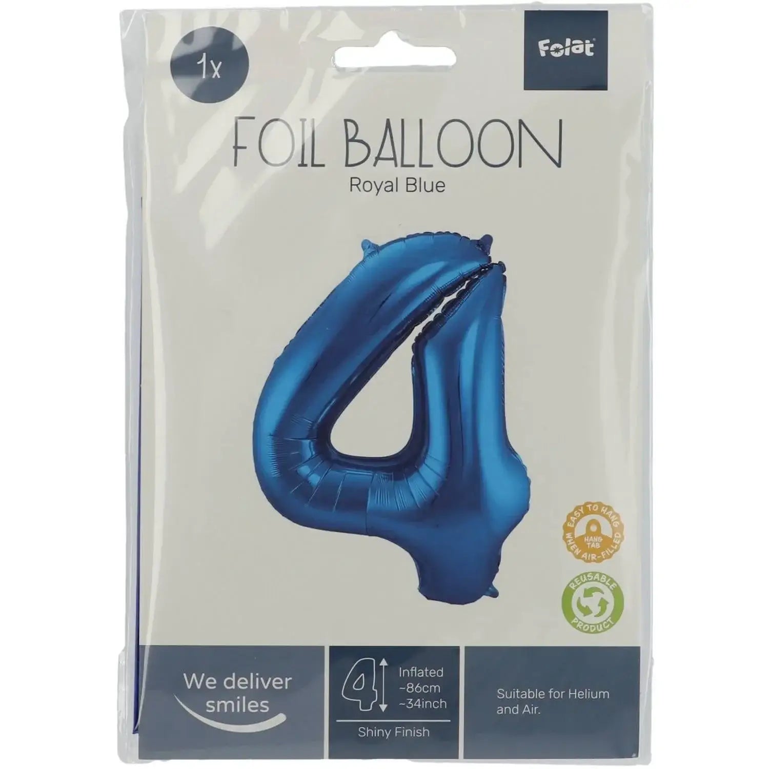 Cijfer Ballon 4 - Blauw - 86 cm - Ballonnenshop.nl