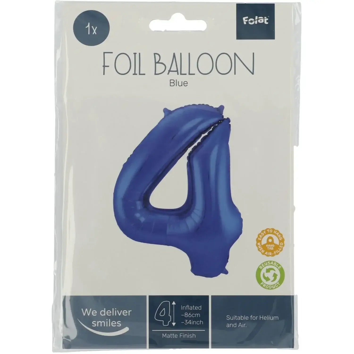 Cijfer Ballon 4 - Mat Blauw - 86 cm - Ballonnenshop.nl