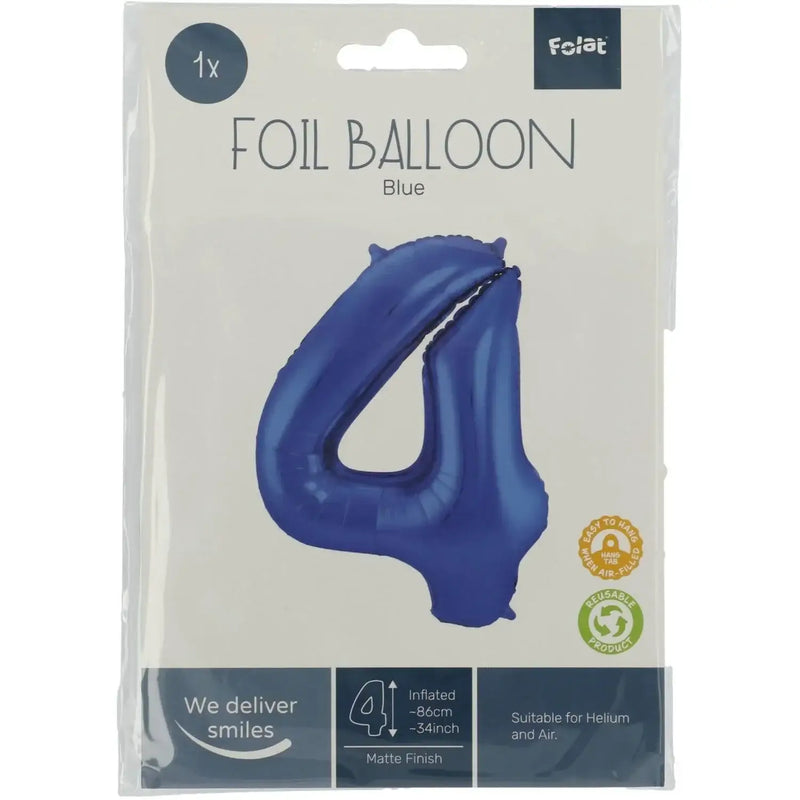 Cijfer Ballon 4 - Mat Blauw - 86 cm - Ballonnenshop.nl