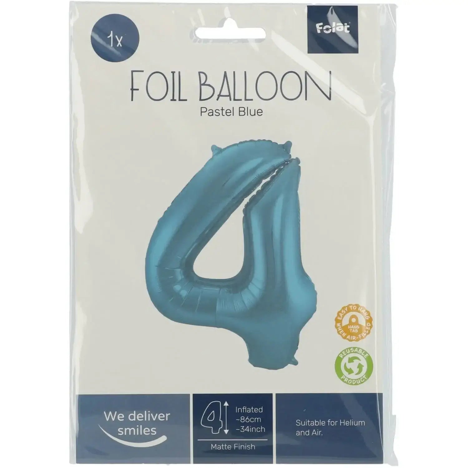 Cijfer Ballon 4 - Pastel Blauw - 86 cm - Ballonnenshop.nl