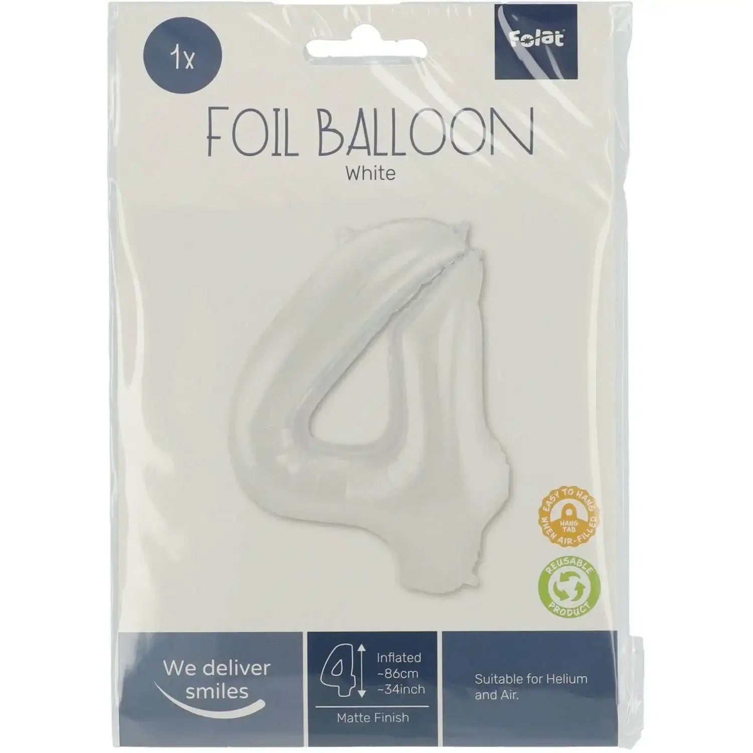 Cijfer Ballon 4 - Wit - 86 cm - Ballonnenshop.nl