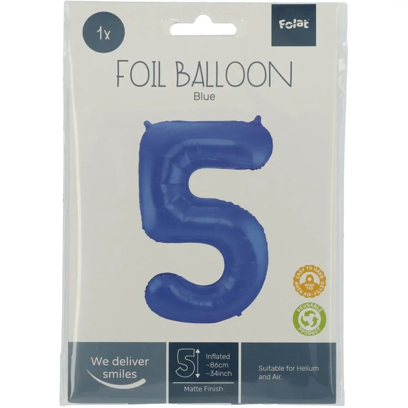 Cijfer Ballon 5 - Mat Blauw - 86 cm - Ballonnenshop.nl