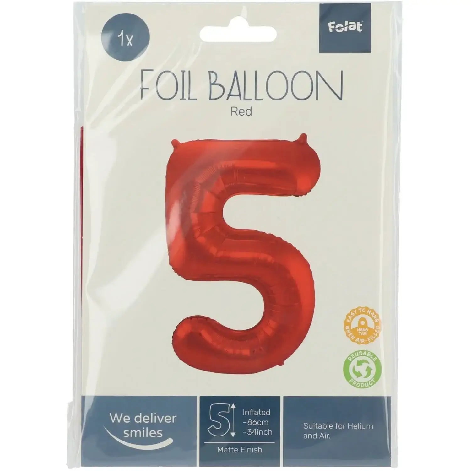 Cijfer Ballon 5 - Rood - 86 cm - Ballonnenshop.nl