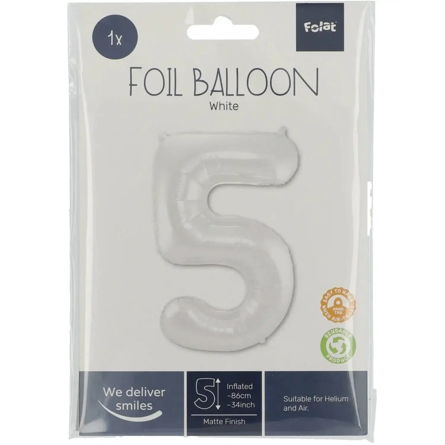 Cijfer Ballon 5 - Wit - 86 cm - Ballonnenshop.nl