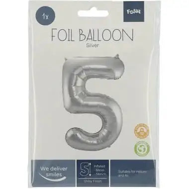 Cijfer Ballon 5 - Zilver - 86 cm - Ballonnenshop.nl