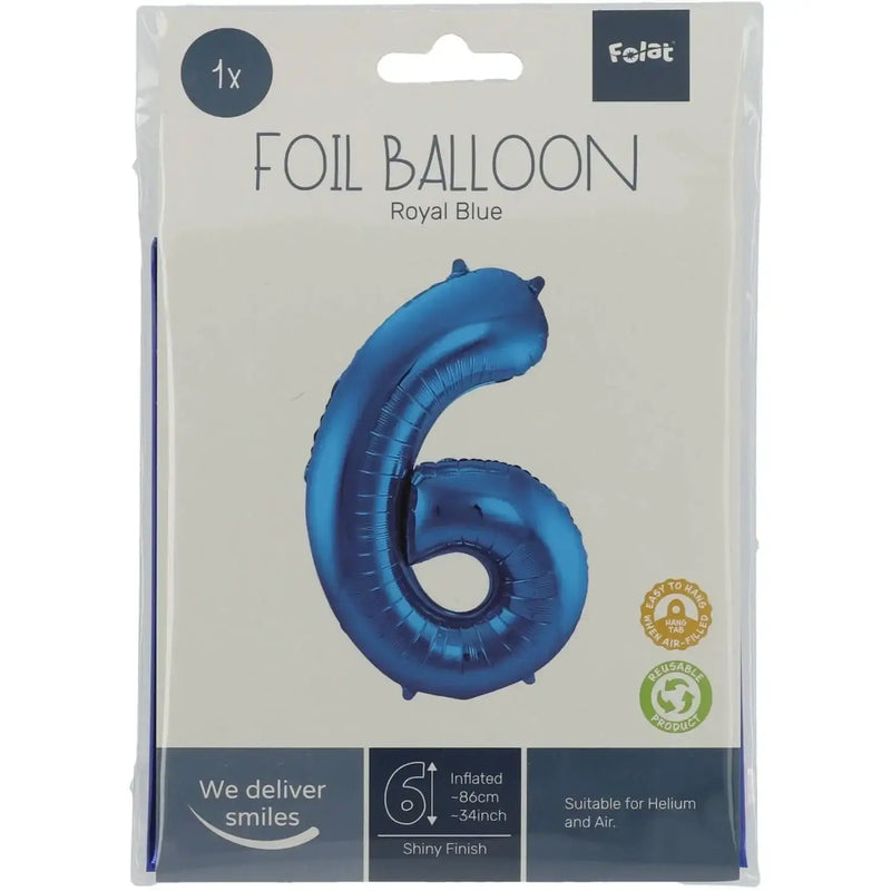 Cijfer Ballon 6 - Blauw - 86 cm - Ballonnenshop.nl