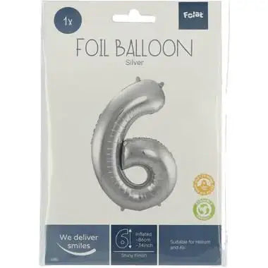 Cijfer Ballon 6 - Zilver - 86 cm - Ballonnenshop.nl