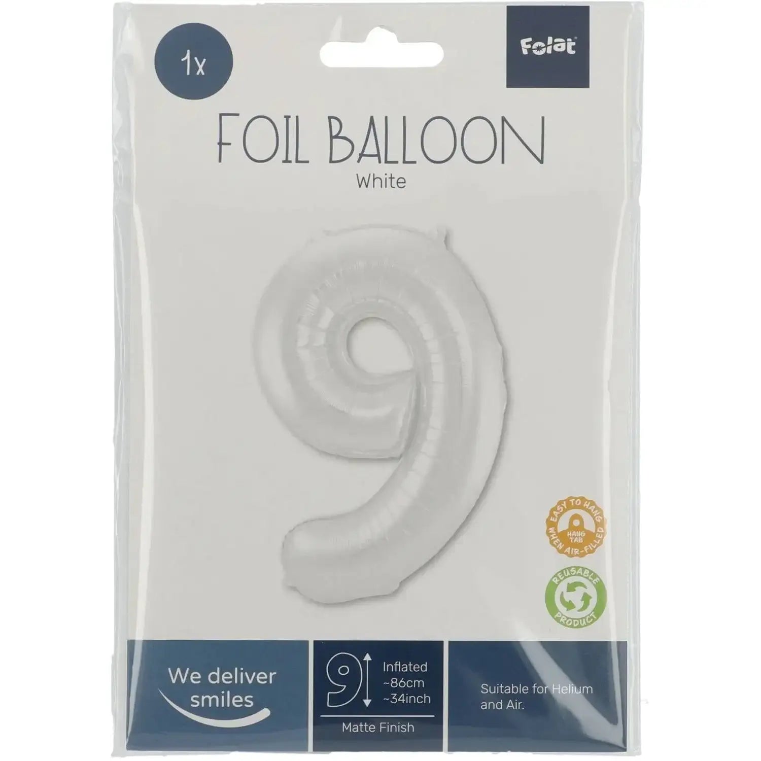 Cijfer Ballon 9 - Wit - 86 cm - Ballonnenshop.nl