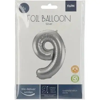 Cijfer Ballon 9 - Zilver - 86 cm - Ballonnenshop.nl