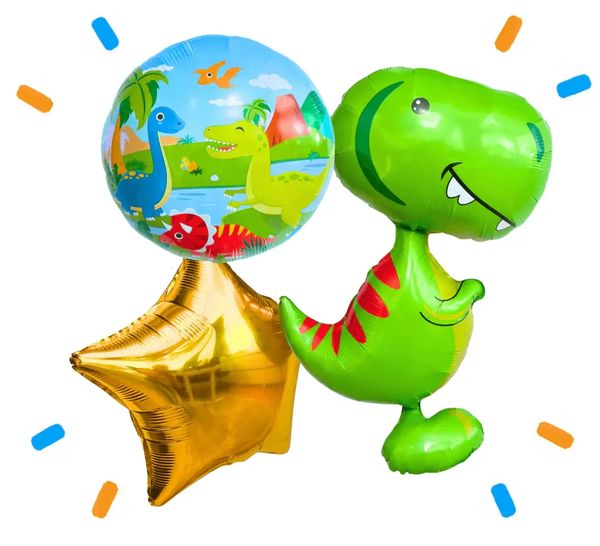 Dino Trosje Goud/Blauw/Groen/Rood - Gevuld Met Helium - 74 cm - Ballonnenshop.nl