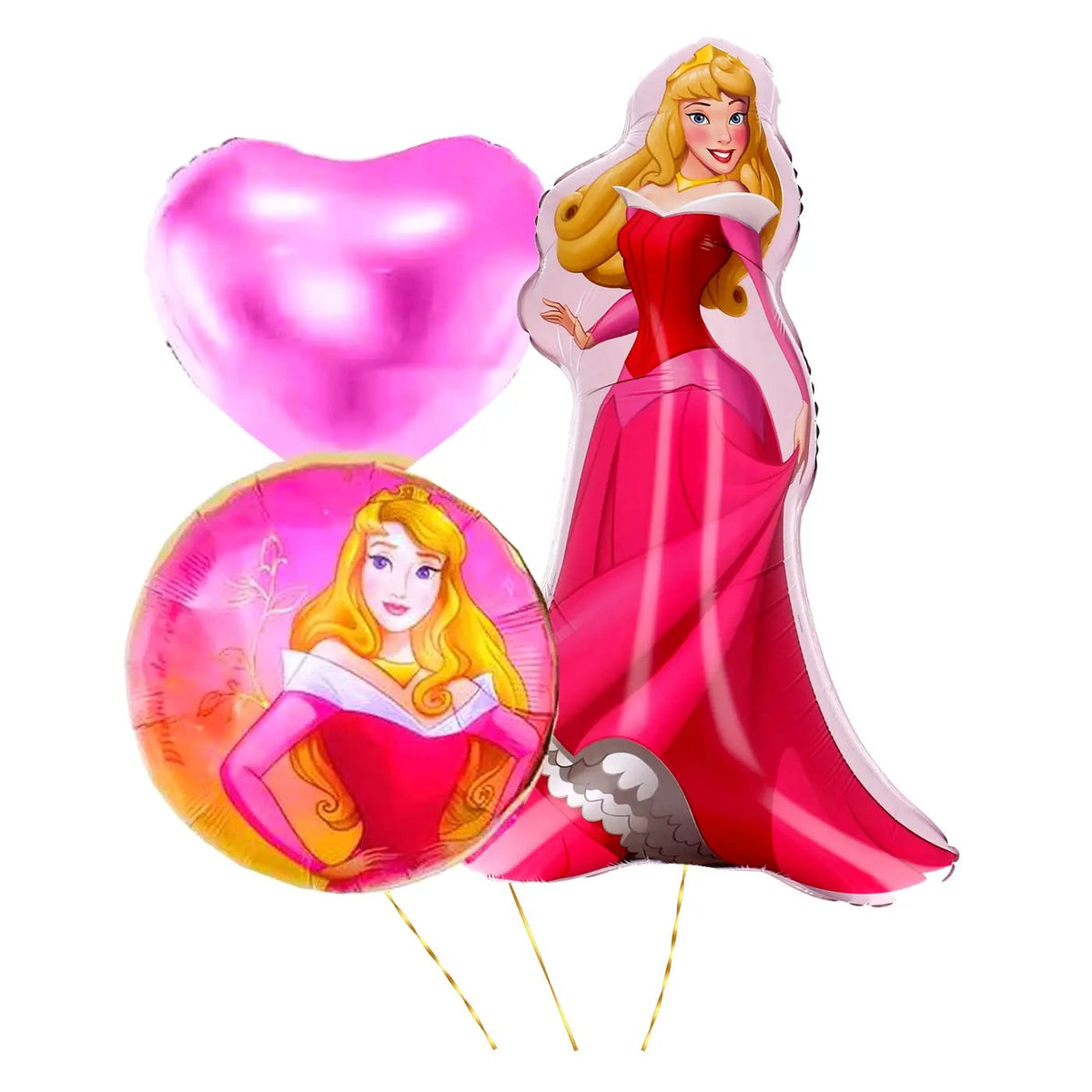 Doornroosje Disney Prinses Trosje – heliumgevulde ballonnen met dunne metallic-gouden lintjes op een witte achtergrond