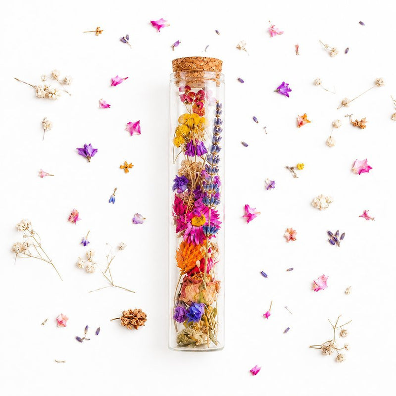 Droogbloemenboeketje in glazen buisje – 15 cm - Ballonnenshop.nl