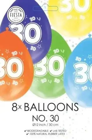 Gekleurde Ballonnen 30 jaar - 8 stuks - 30 cm - Ballonnenshop.nl