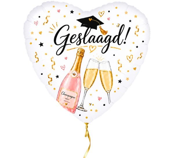 Geslaagd Champagne Hart Ballon - Gevuld Met Helium - 46 cm - Ballonnenshop.nl