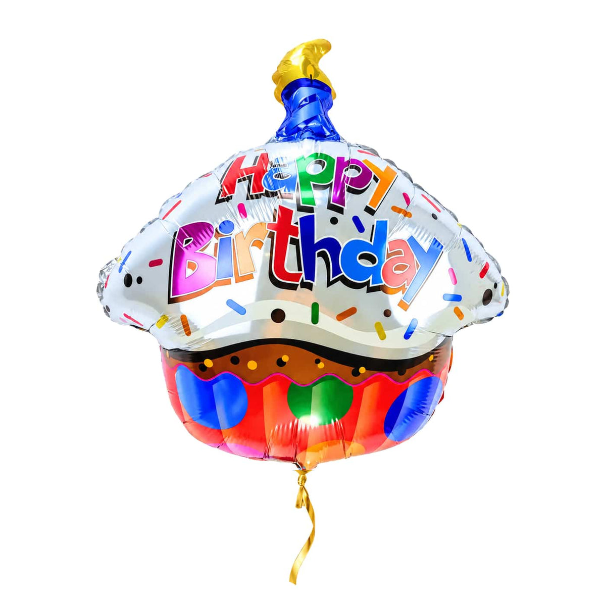 Happy Birthday Cupcake Ballon – met helium gevuld, met gouden lint