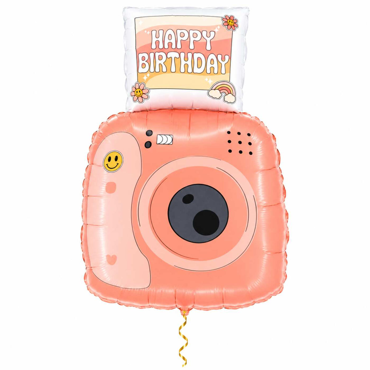 Happy Birthday Polaroid Camera met dun metallic gouden lint op witte achtergrond – Ballonnenshop.nl