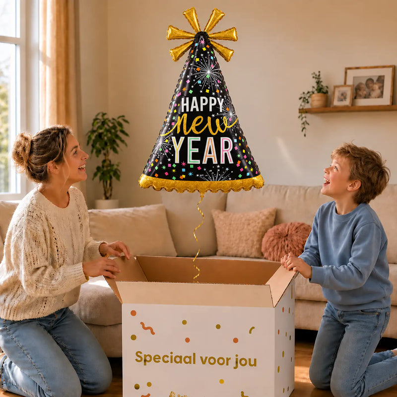 Happy New Year Feesthoed XL – uitpakmoment met moeder en jongetje in een warme woonkamer – Ballonnenshop.nl