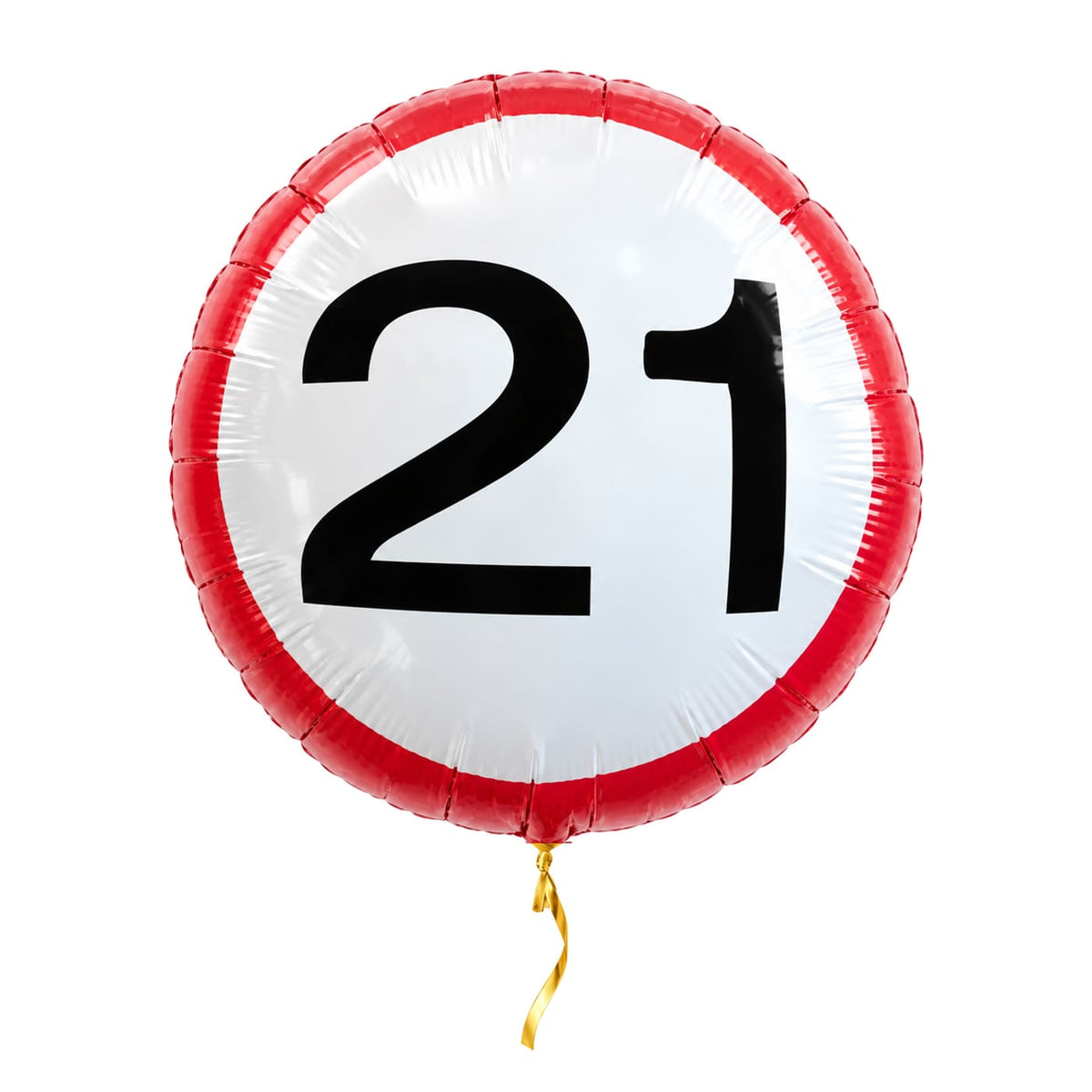 Ballon Verkeersbord 21 Jaar – met helium gevuld, met gouden lint