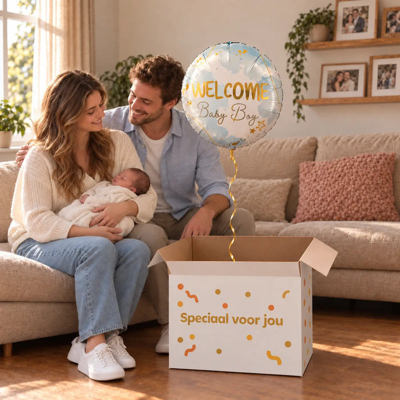 Uitpakmoment met Helium Ballon Welcome Baby Boy uit een cadeaudoos van Ballonnenshop.nl