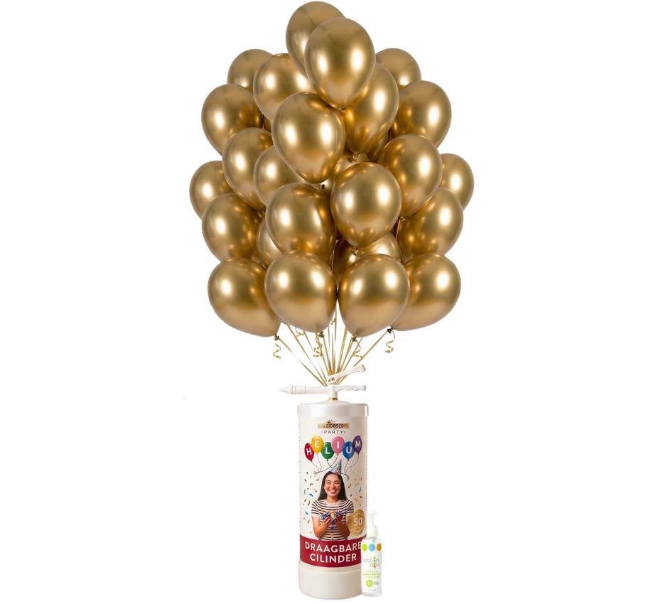 Helium Tank voor 50 ballonnen | Met 25 Chroom Gouden Ballonnen 30 cm, Ballonnenboost & Lint - Ballonnenshop.nl
