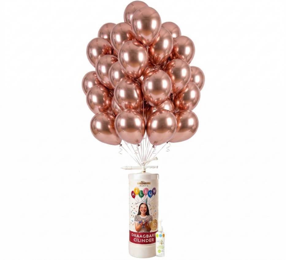 Helium Tank voor 50 ballonnen | Met 25 Chroom Rose Gouden Ballonnen 30 cm, Ballonnenboost & Lint - Ballonnenshop.nl