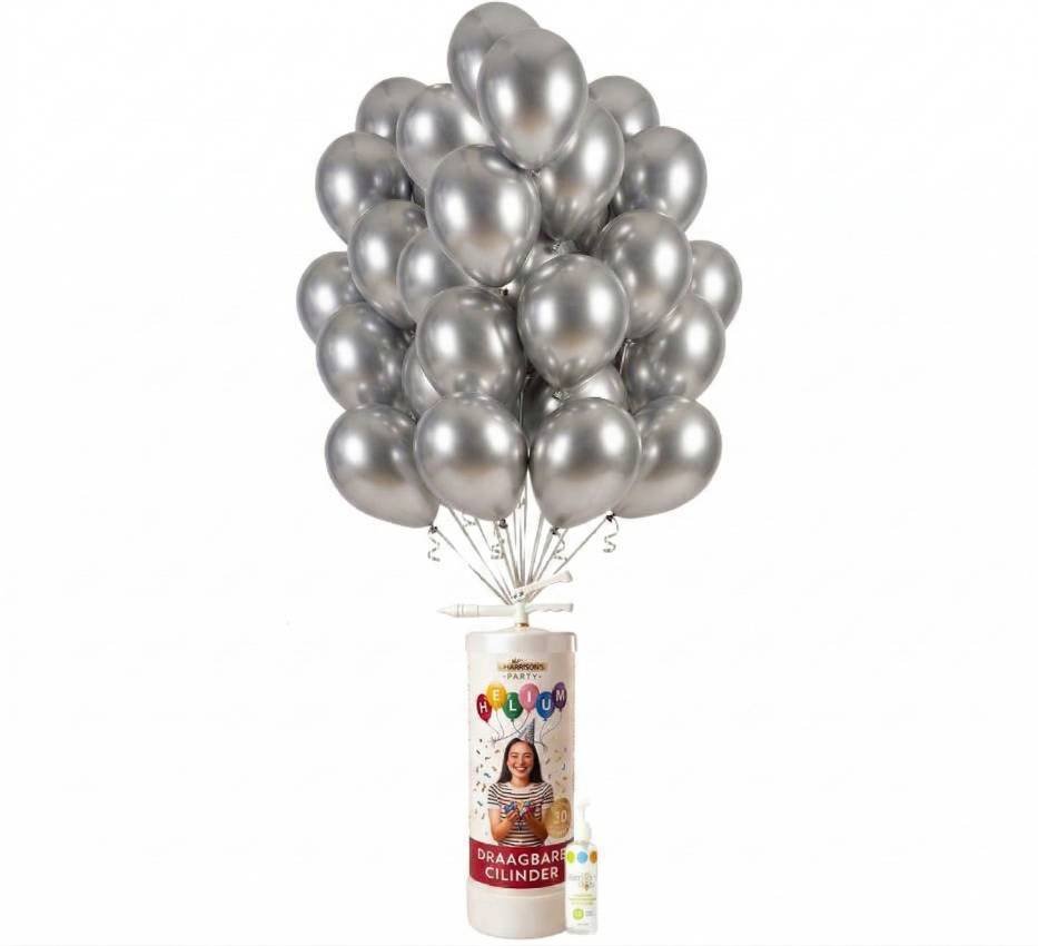 Helium Tank voor 50 ballonnen | Met 25 Chroom Zilveren Ballonnen 30 cm, Ballonnenboost & Lint - Ballonnenshop.nl