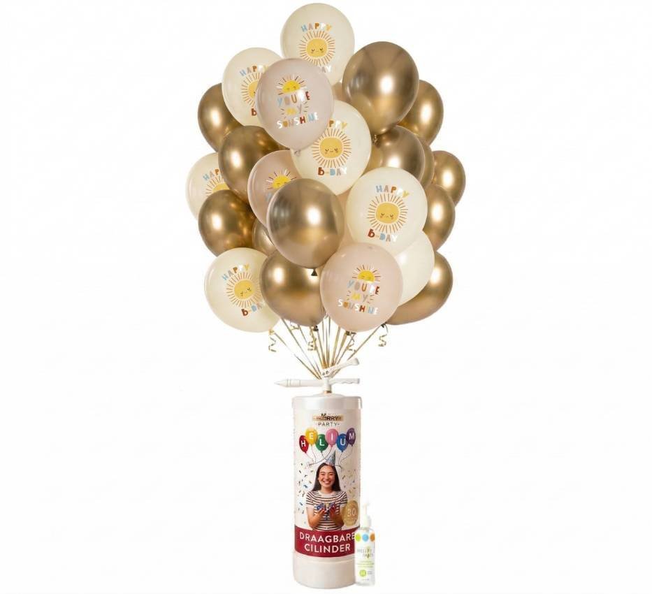 Helium Tank voor 50 ballonnen | Met 25x Ballonnen Mix Birthday Sunshine 30 cm, Ballonnenboost & Lint - Ballonnenshop.nl