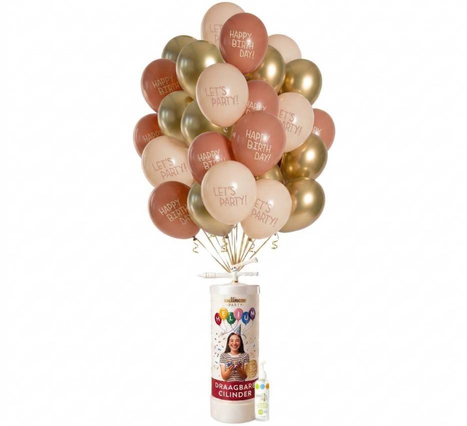 Helium Tank voor 50 ballonnen | Met 25x Ballonnen Mix Happy Birthday Golden Blossom 30 cm, Ballonnenboost & Lint - Ballonnenshop.nl