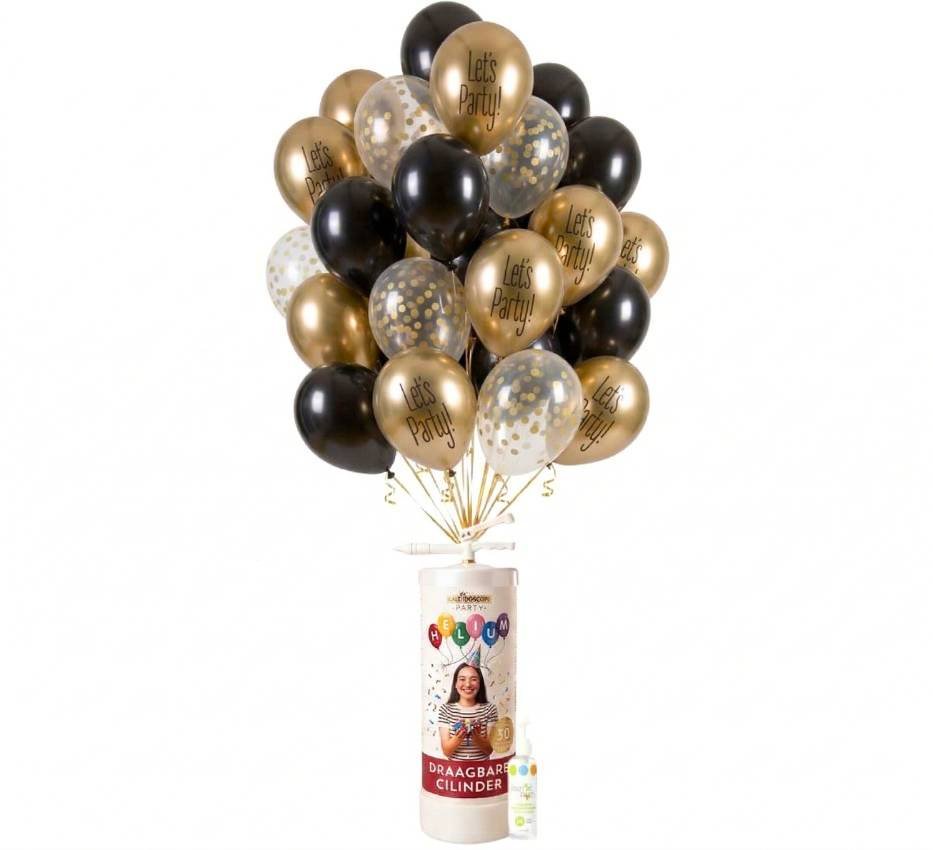 Helium Tank voor 50 ballonnen | Met 25x Ballonnen Mix Let's Party Black 30 cm, Ballonnenboost & Lint - Ballonnenshop.nl