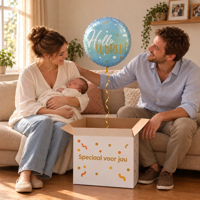 Uitpakmoment met Hello World Helium Ballon uit een cadeaudoos van Ballonnenshop.nl
