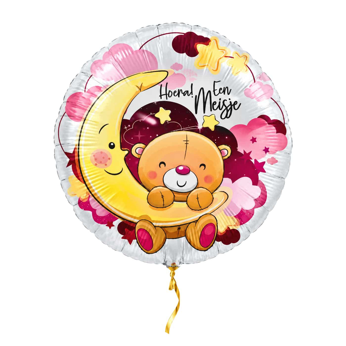 Hoera! Een Meisje Helium Ballon – met helium gevuld, met gouden lint