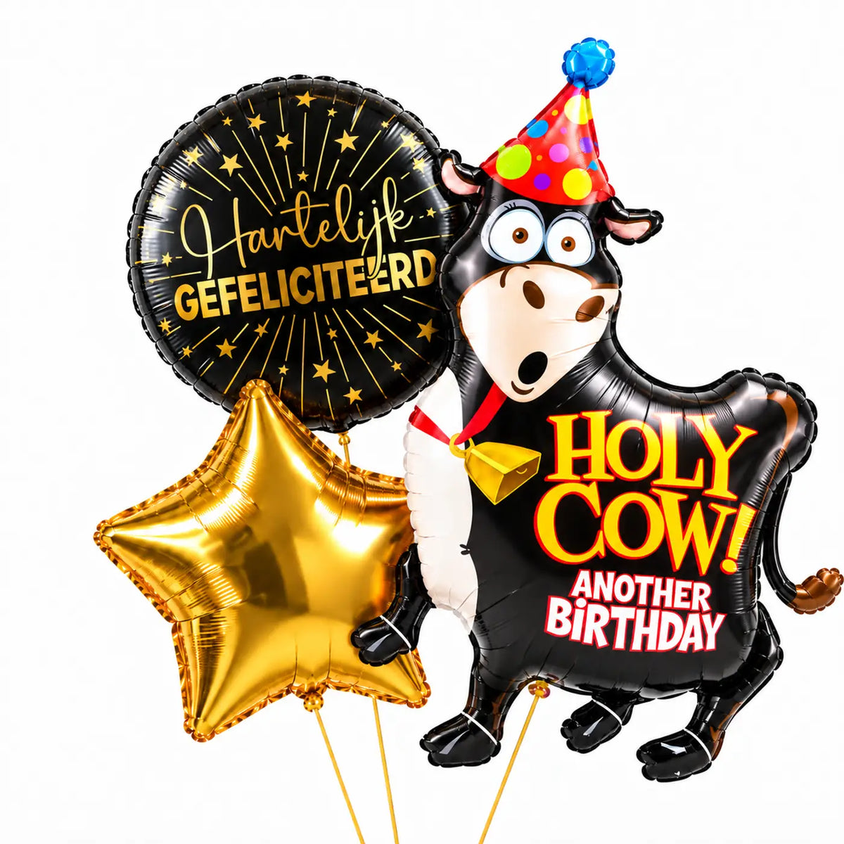 Holy Cow Birthday XL Trosje met een feestelijke koe, zwart-gouden felicitatieballon en gouden ster