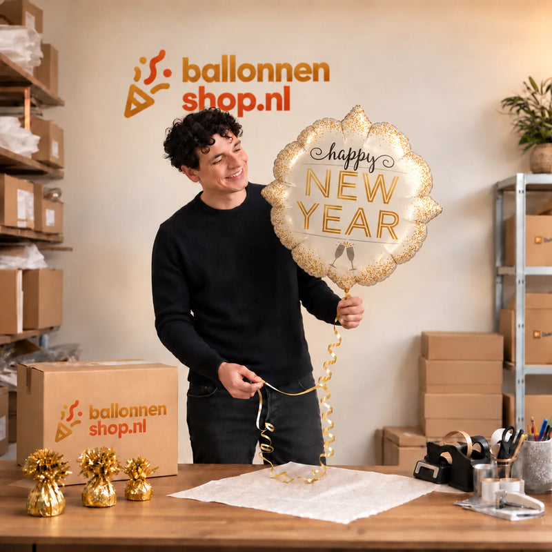 Jesse houdt de Metallic New Year Diamond Ballon vast in de warme inpakruimte van Ballonnenshop.nl.