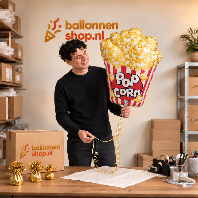 Jesse houdt de Popcorn Helium XL Ballon vast in de warme inpakruimte van Ballonnenshop.nl.