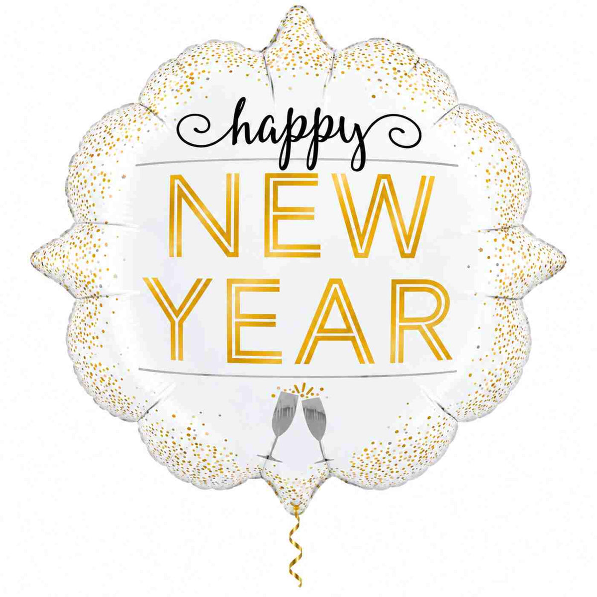 Metallic New Year Diamond Ballon met dun metallic gouden lint op witte achtergrond – Ballonnenshop.nl
