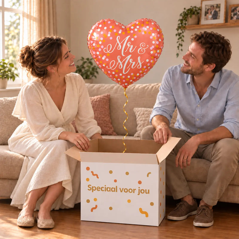 Uitpakmoment met Mr & Mrs Hart Helium Ballon uit een cadeaudoos van Ballonnenshop.nl