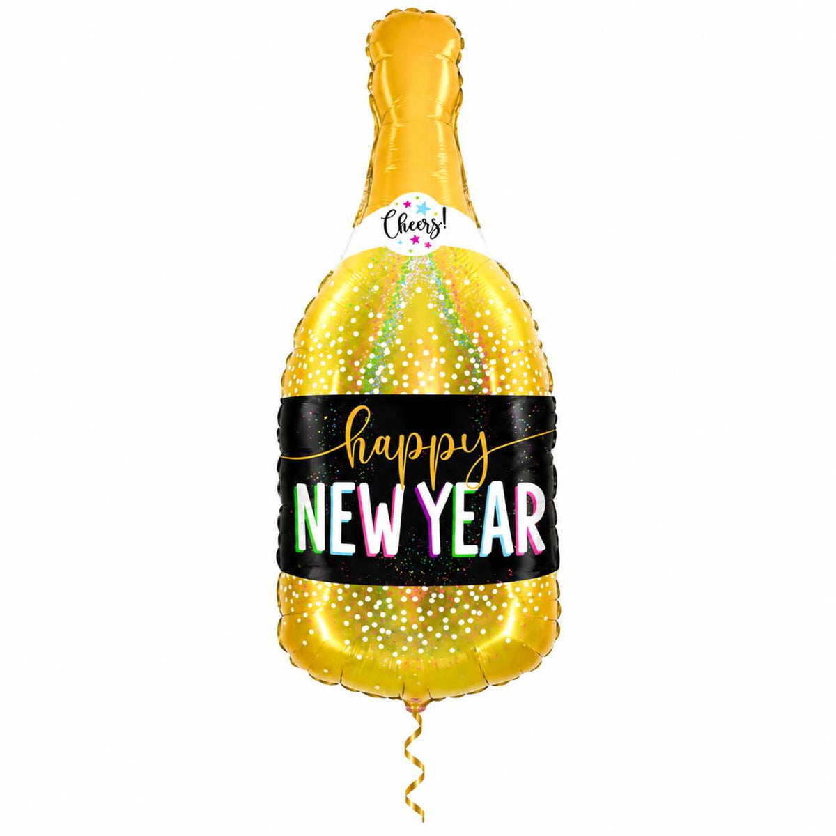 New Year Champagne XL Ballon met dun metallic gouden lint op witte achtergrond – Ballonnenshop.nl