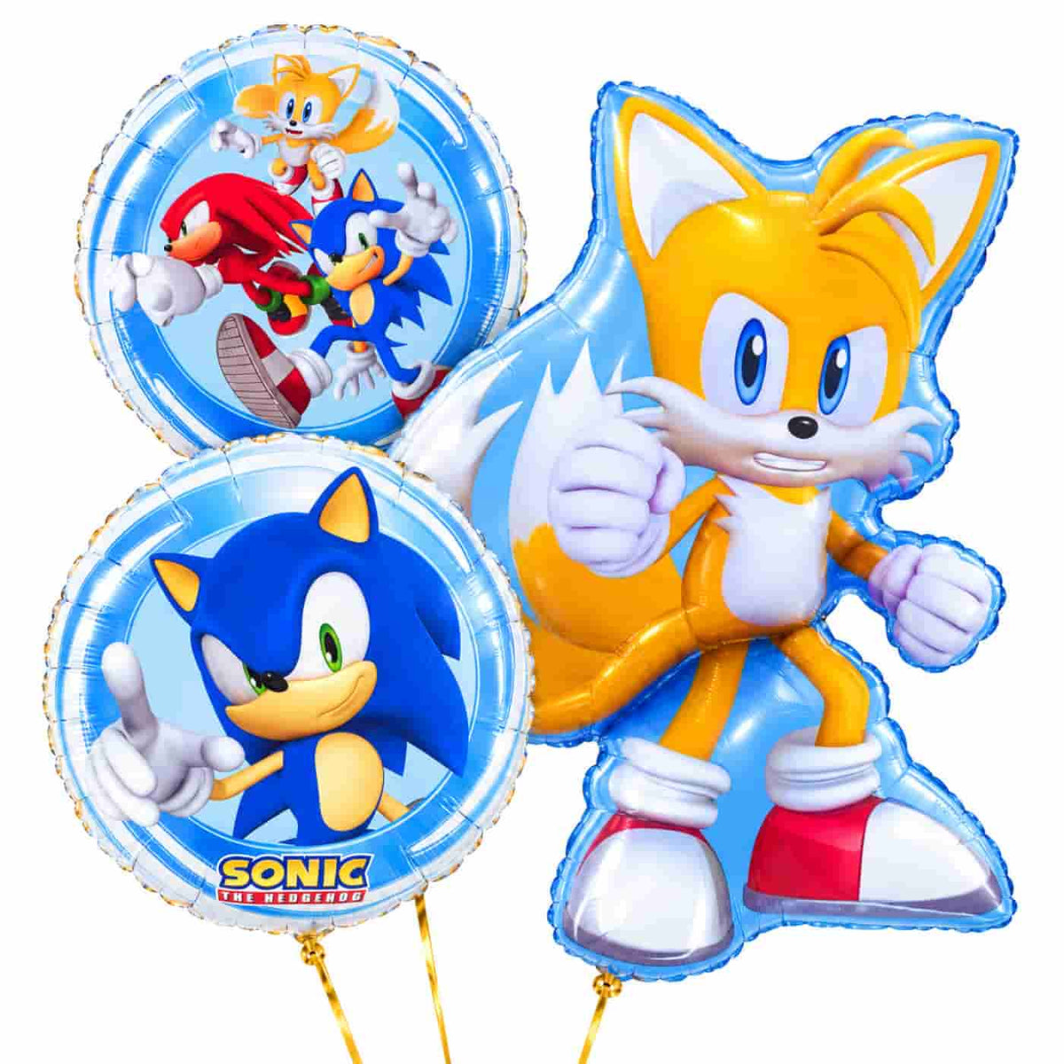 Sonic Tails Trosje – heliumgevulde ballonnen met dunne gouden lintjes op een witte achtergrond