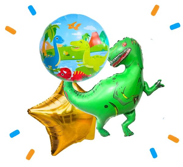 Tyrannosaurus Rex Dino Trosje Goud/Blauw/Groen/Rood - Gevuld Met Helium - 89 cm - Ballonnenshop.nl