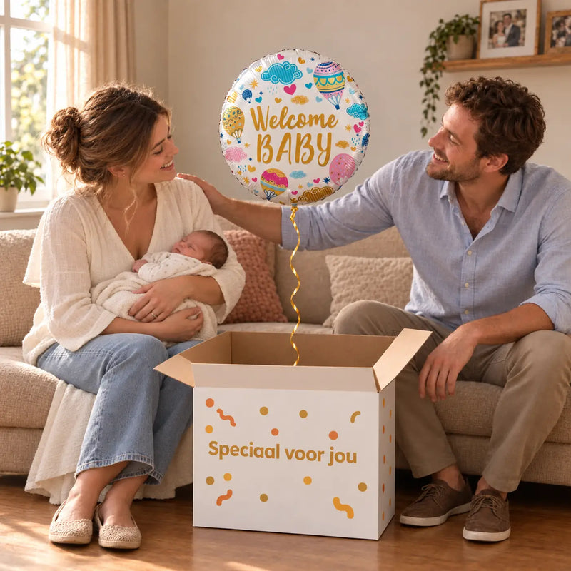 Uitpakmoment met Welcome Baby Helium Ballon uit een cadeaudoos van Ballonnenshop.nl