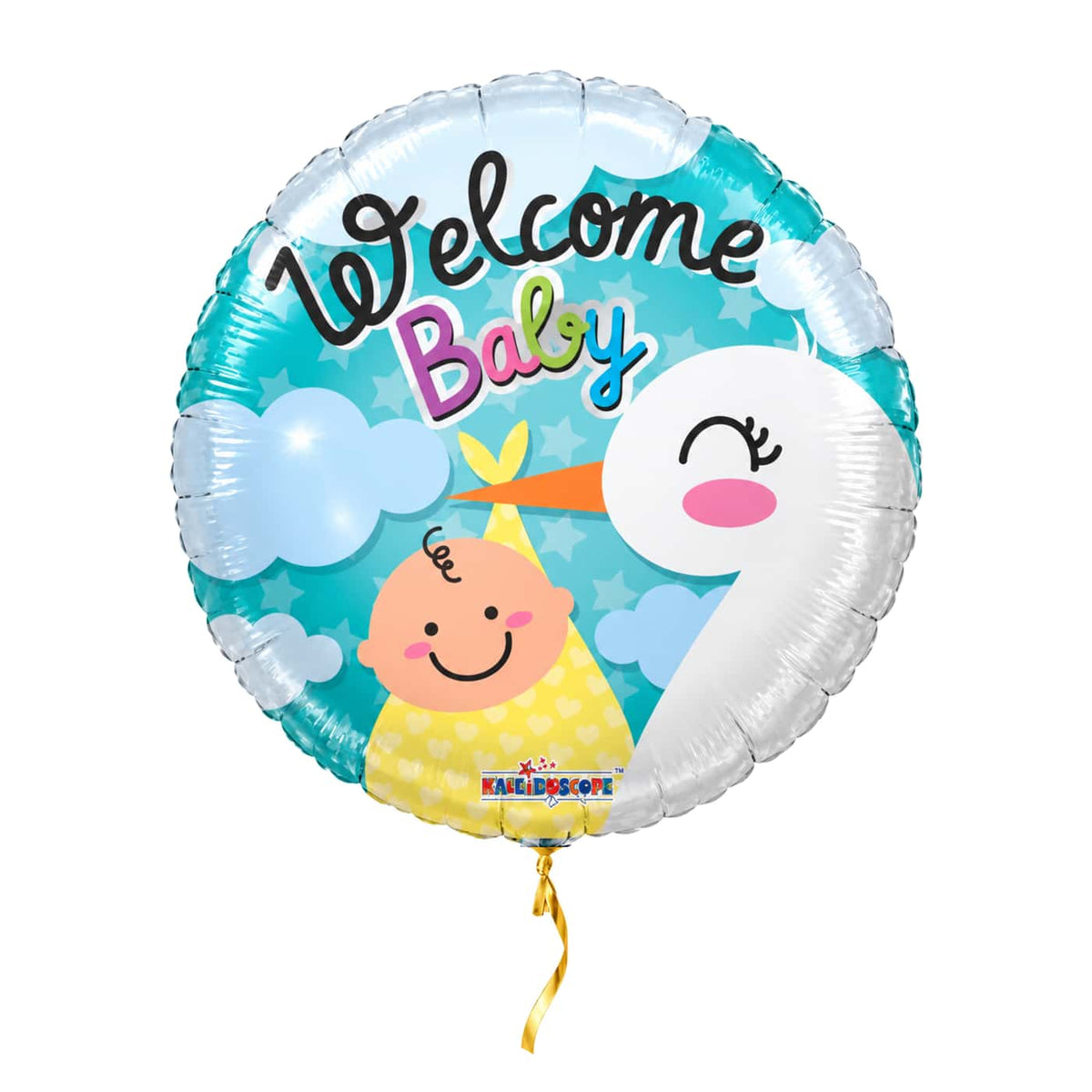 Welcome Baby Ballon Ooievaar – met helium gevuld, met gouden lint