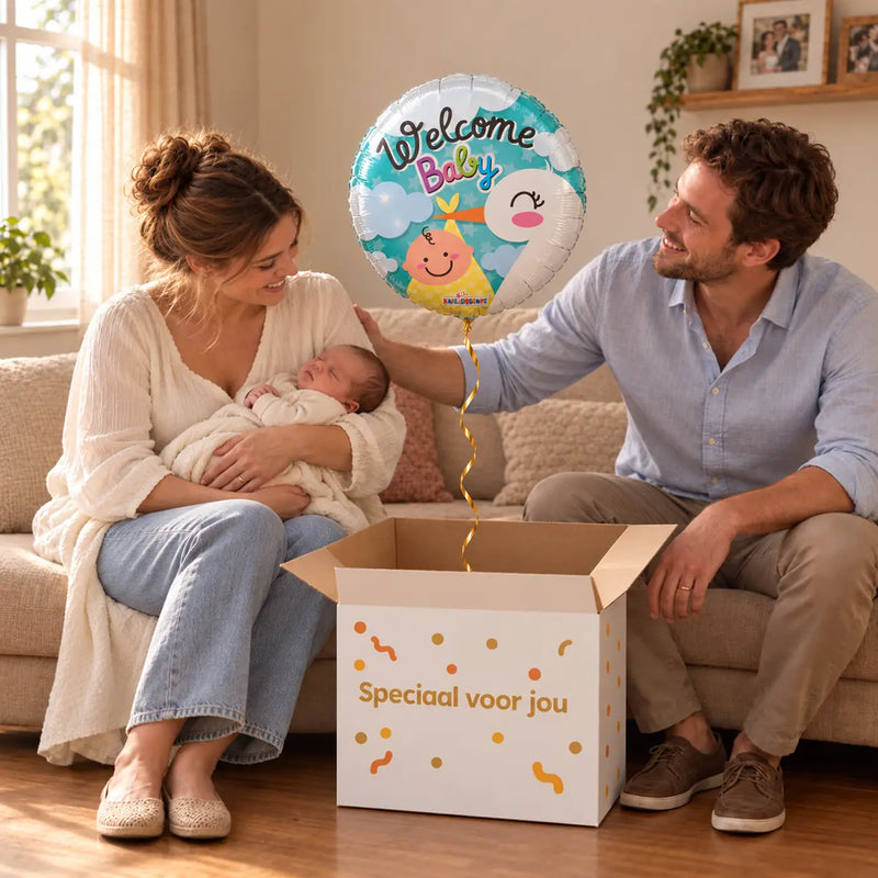 Uitpakmoment met Welcome Baby Ballon Ooievaar uit een cadeaudoos van Ballonnenshop.nl
