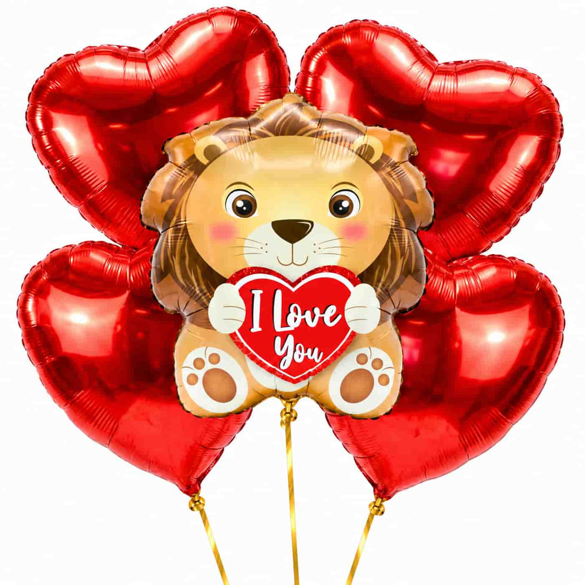 XL I Love You Leeuw Ballonnentros – Met Karakter – heliumgevulde ballonnen met dunne gouden lintjes op een witte achtergrond